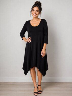 Clara Sun Woo Solid Black Liquid Knit Handkerchief Dress, Size Small